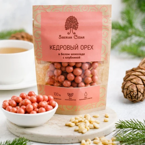 Кедровый орех в белом шоколаде с клубникой 60 гр
